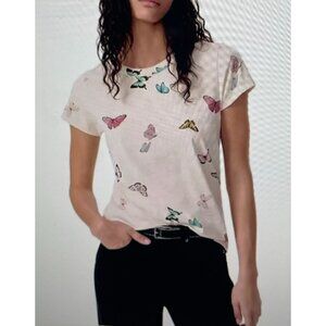 Rag & Bone Womens Butterfly Print Cream Short Sleeve100% Pima Cotton Size XS